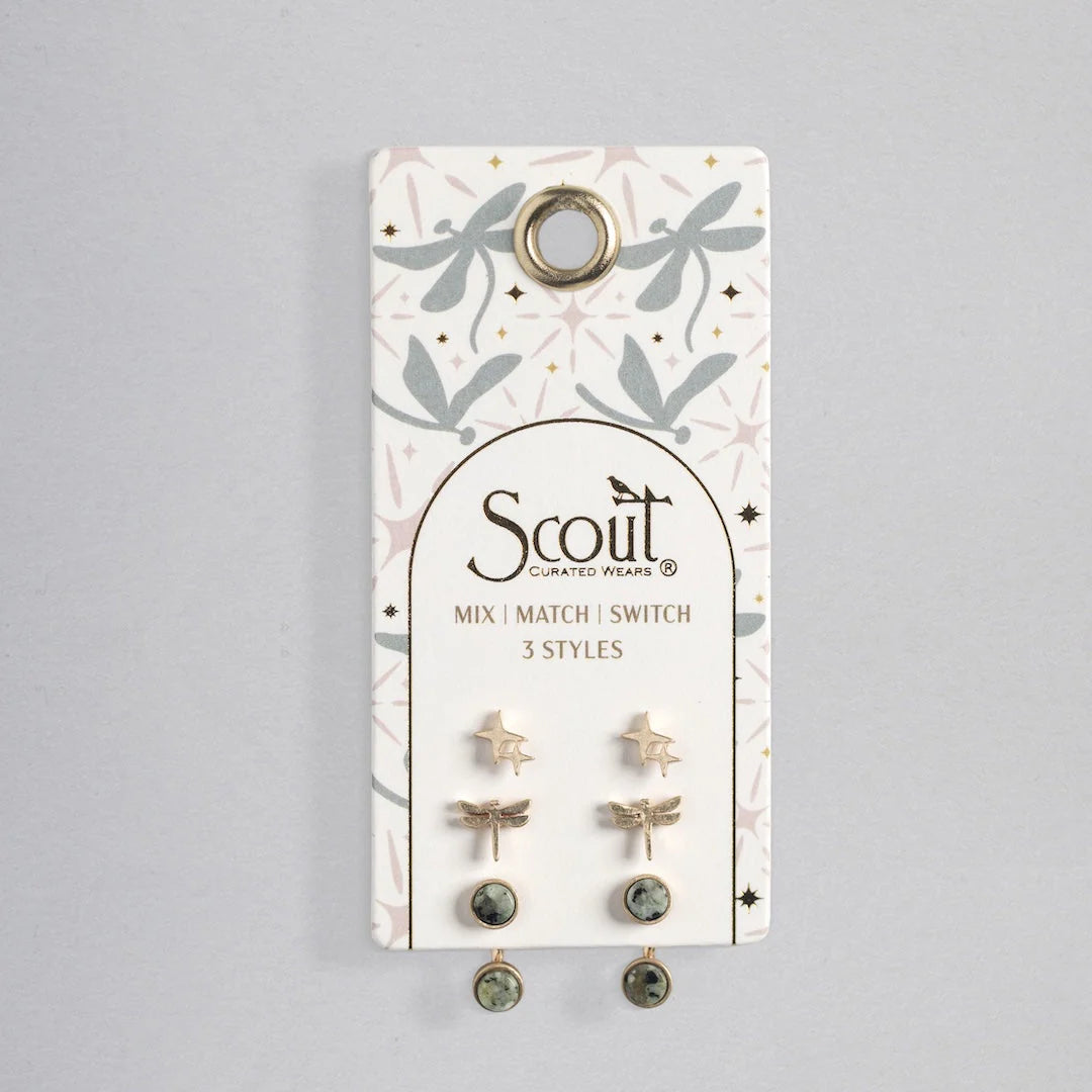 Stud Trio Ear Jacket Set Dragonfly Africa Turquoise Gold