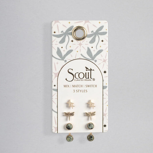 Stud Trio Ear Jacket Set Dragonfly Africa Turquoise Gold