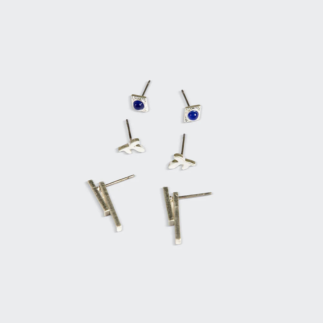 Stud Trio Ear Jacket Set Leaf Lapis Silver