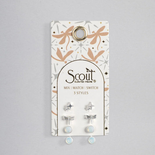 Stud Trio Ear Jacket Set Dragonfly Opalite Silver