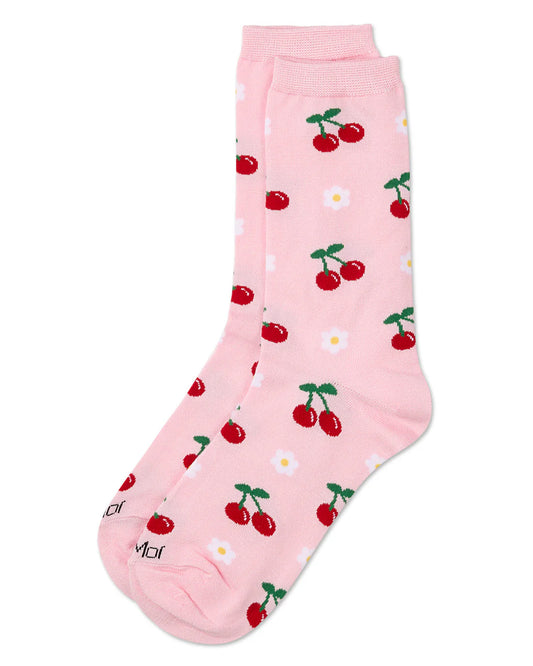 Women's Bamboo Crew Socks Pink Daisy Cherry