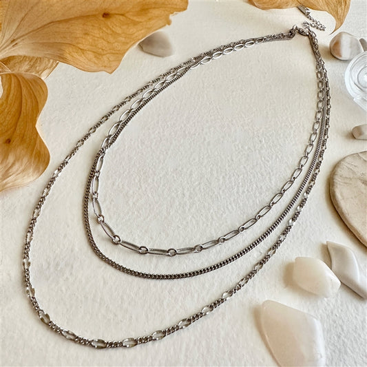 Nanaimo Triple Layer Textured Chain Necklace in Silver