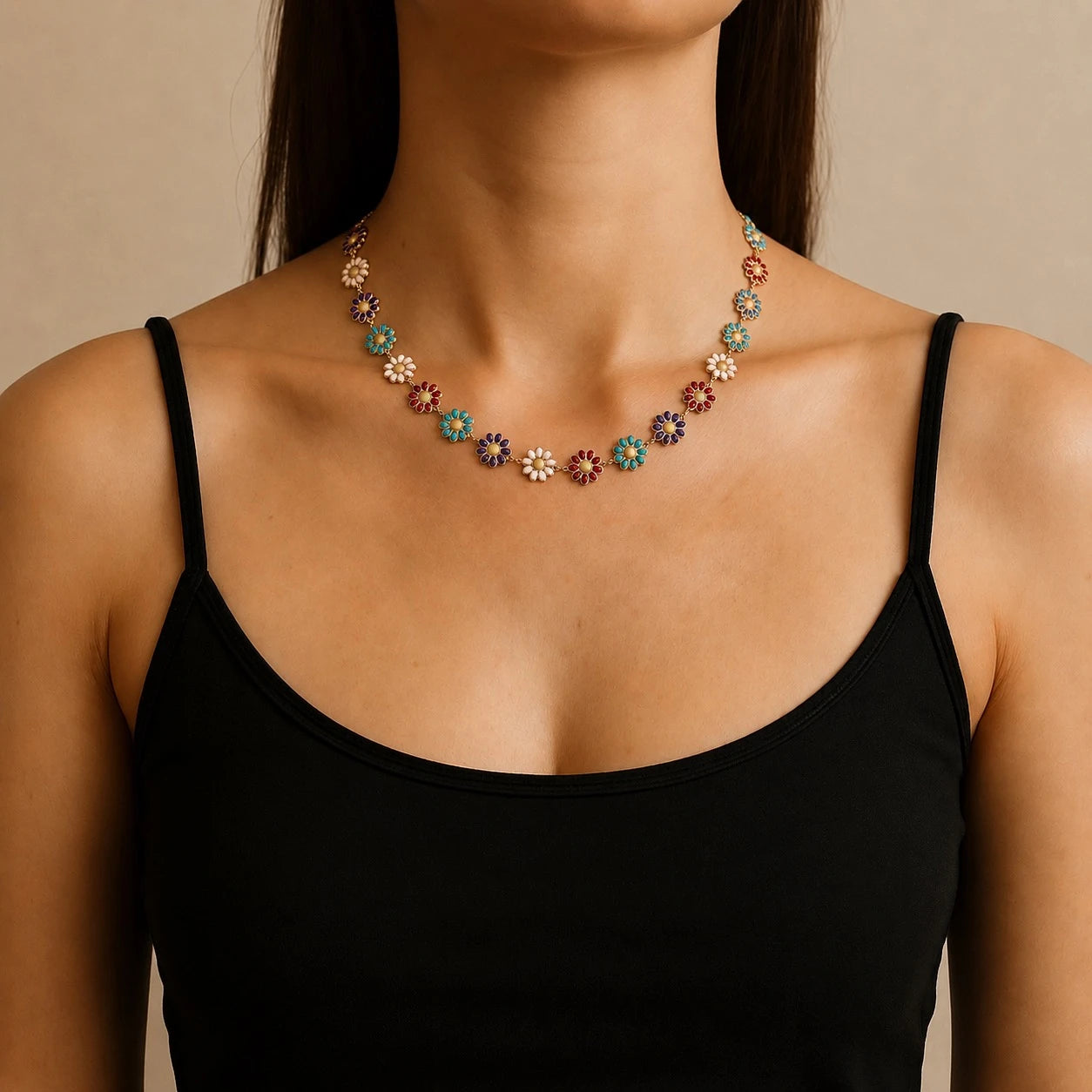Takashi Multi-coloured Flower Chain Necklace in Enamel & Gold