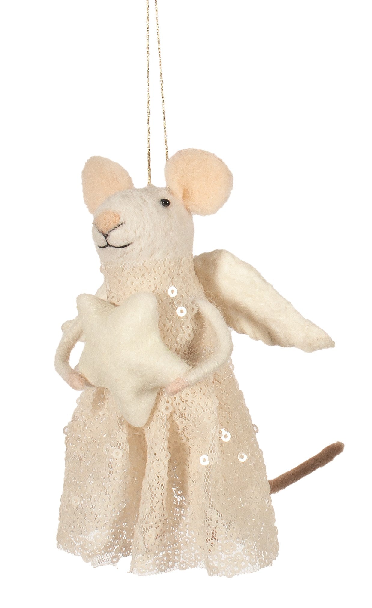 Felted Wool Angel Mouse with Sequin Dress Christmas Ornament