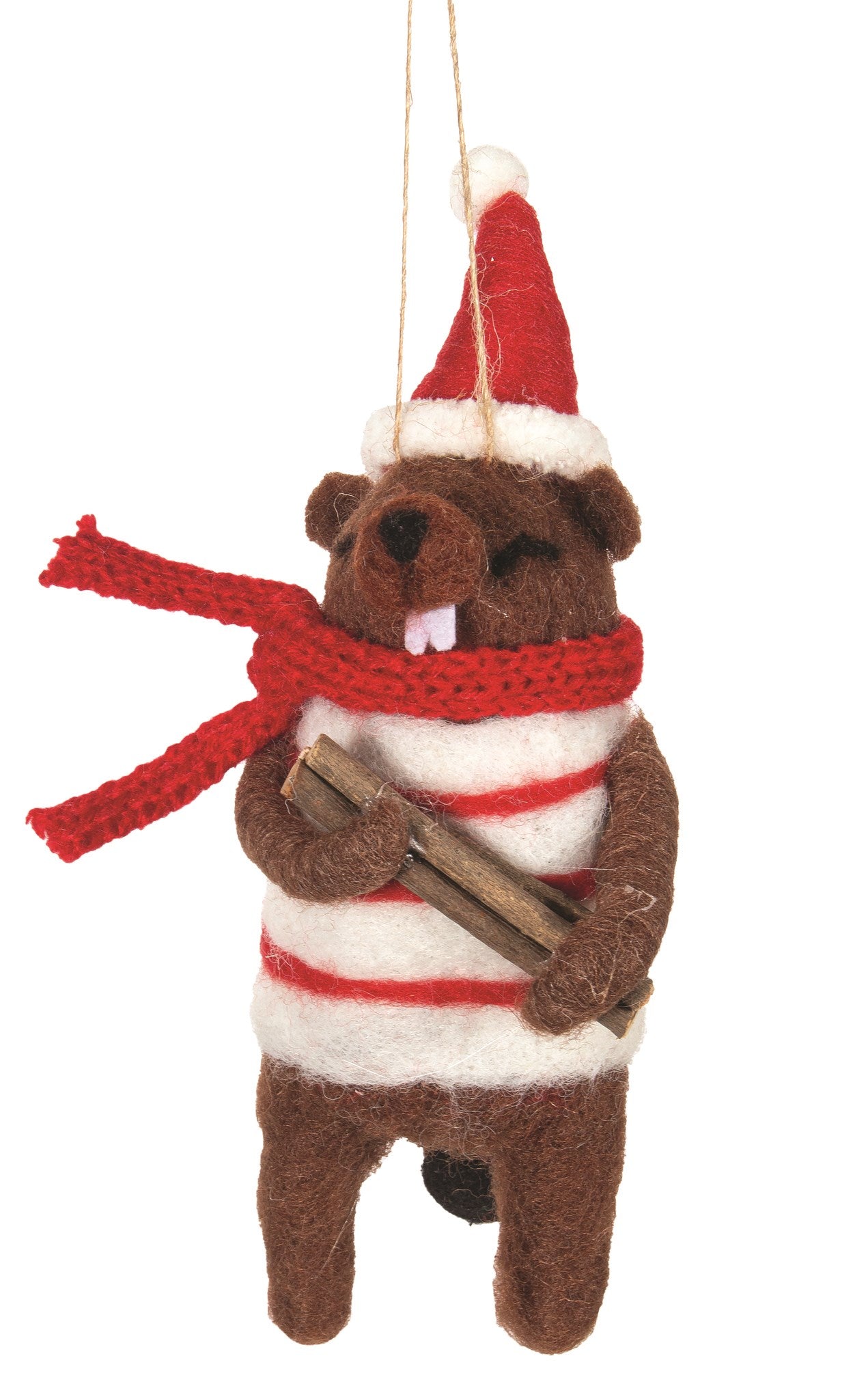 Felted Wool Beaver in Striped Sweater Christmas Ornament