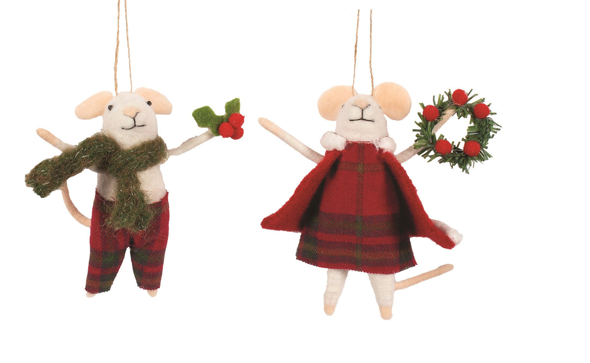 Felt Mice Couple in Tartan Outfits Christmas Ornament