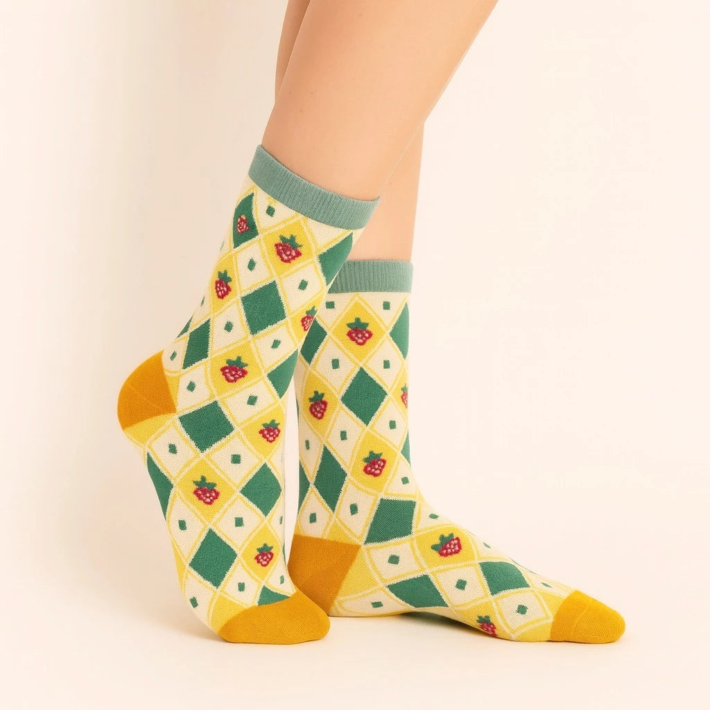 Strawberry Fields Forever Argyle & Strawberry Pattern Crew Sock