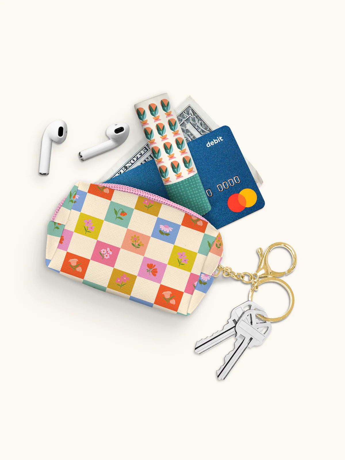 Checkerboard Blooms Keychain Pouch