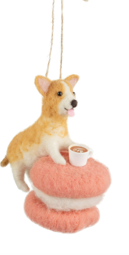 F68 - Felt Dog On Macaroon With Coffee Cup Ornament Pink + Paie Green