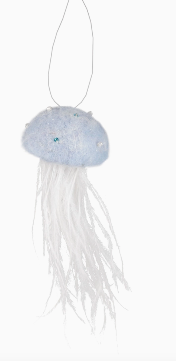 F13 - Felt Jelly Fish With Thin White Feather Ornament