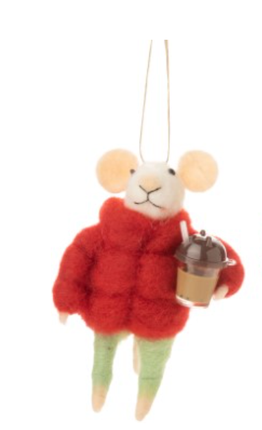 F31 - Felt Mouse with Coffee Cup or Boba Ornament