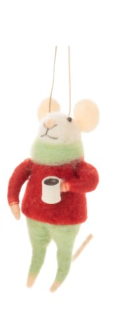 F31 - Felt Mouse with Coffee Cup or Boba Ornament