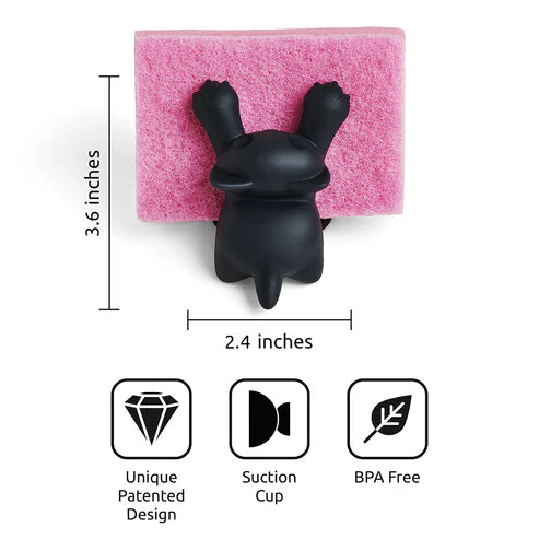 Black bunny-shaped sponge holder with pink sponge, measurements, and features on a white background