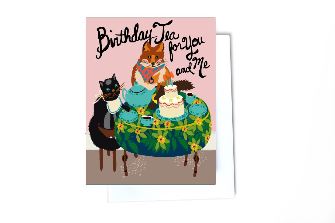 Tea Party Birthday Cat & Fox Card