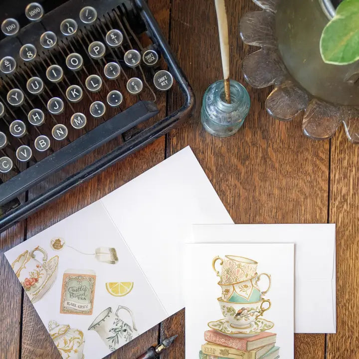 Vintage Teacup Stack on Antique Books Card