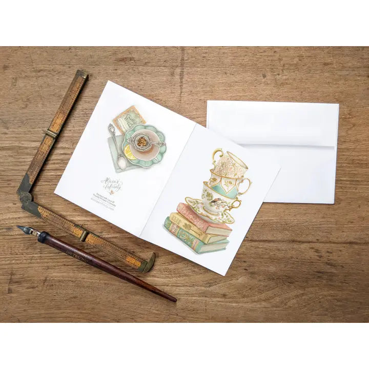 Vintage Teacup Stack on Antique Books Card
