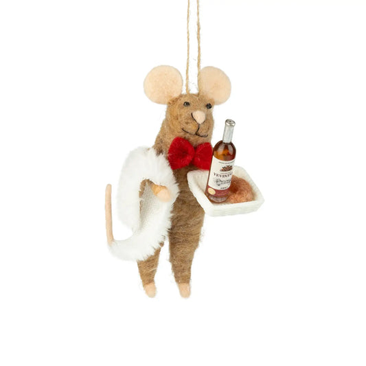 F18 - Felt Mouse Waiter With Red Bowtie Holding Wine Tray Ornament