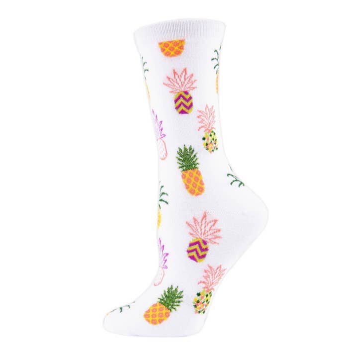 Women's Bamboo Crew Socks White Pineapple Fiesta