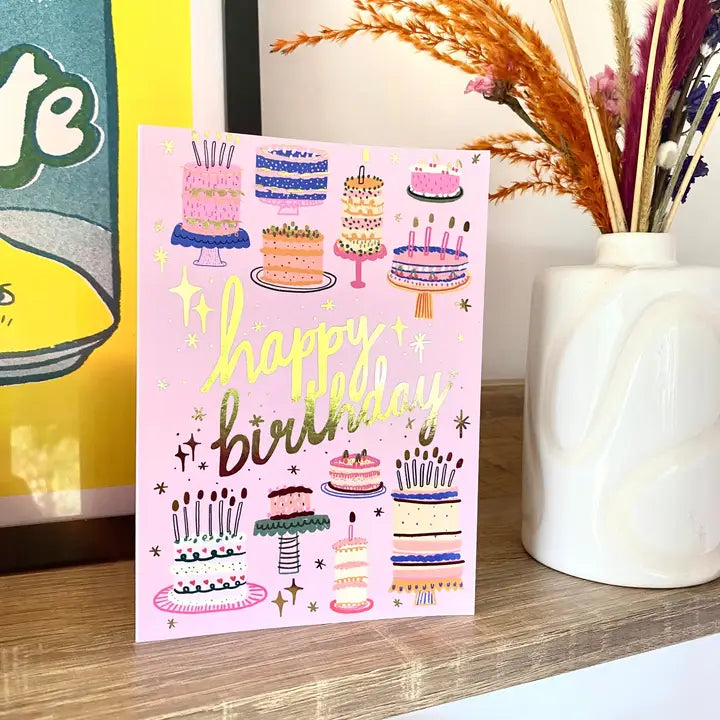 Happy Birthday Cake Pattern Gold Greetings Card