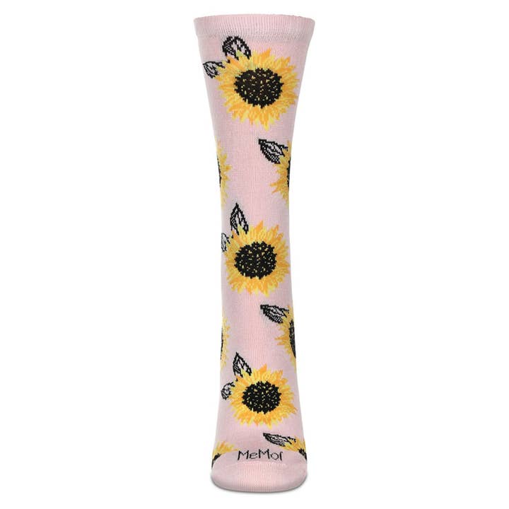 Women's Bamboo Crew Socks Powder Pink Sunflower