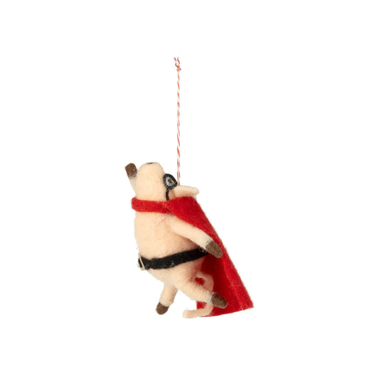 Felt Flying Pink Pig Super Hero With Black Mask And Red Cape Ornament