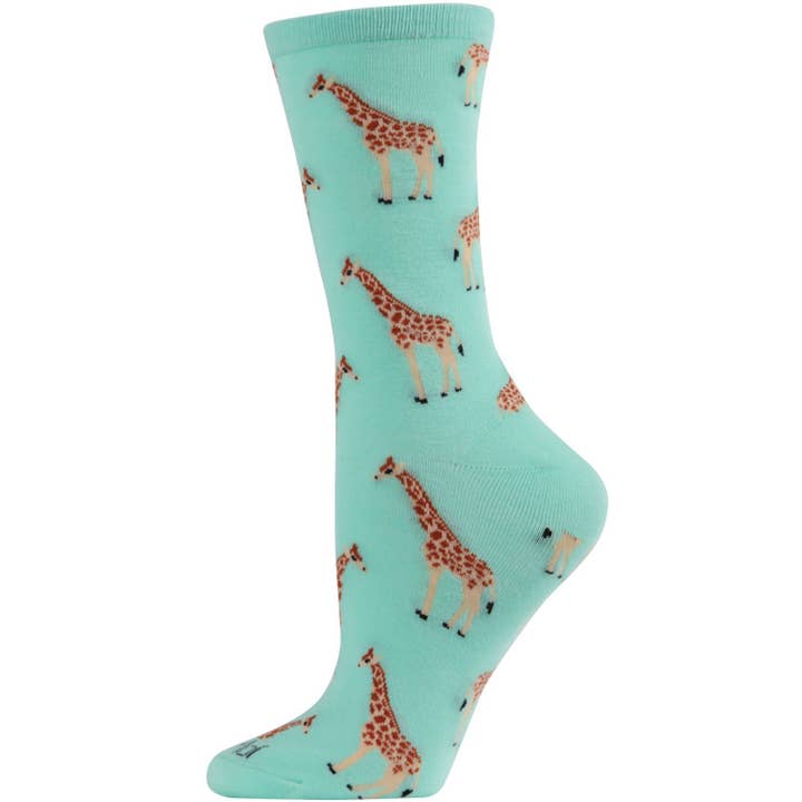 Women's Bamboo Crew Socks Seafoam Giraffes
