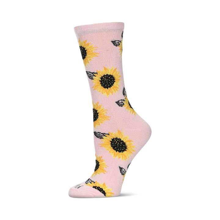 Women's Bamboo Crew Socks Powder Pink Sunflower