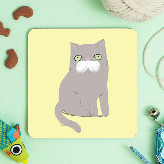 Meowstachio Cat Grey White Tash Coaster