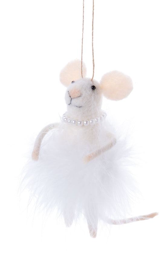 F5 - Felt Mouse with Pearl Necklace & White Feather Tutu Ornament