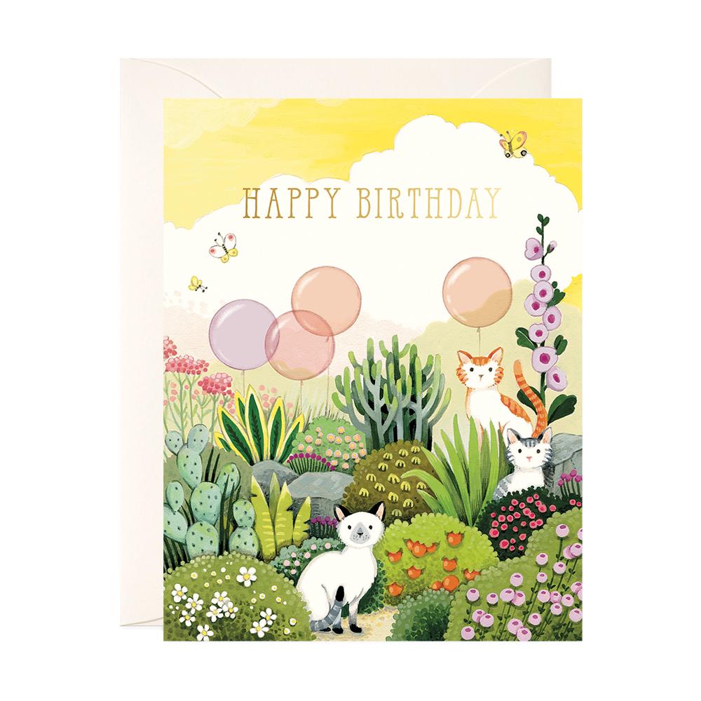 Cats In Garden Birthday Card