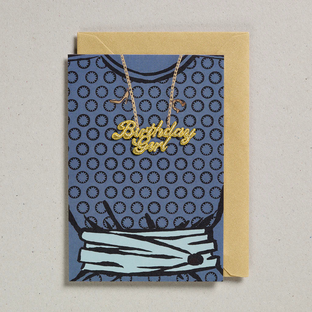 Gold Word Birthday Girl Blue Dress Card