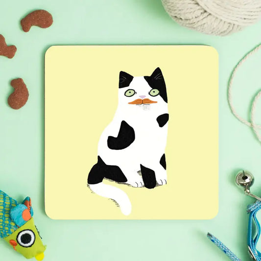 Meowstachio Cat Black & White Ginger Tash Coaster