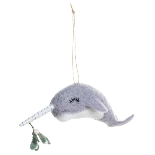 Felt Narwhal Ornament with Mistletoe.