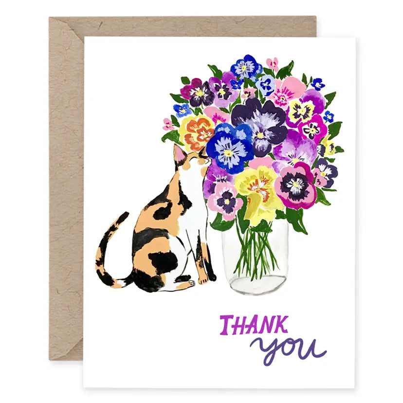 Cat with Pansy Flowers Thank You Card