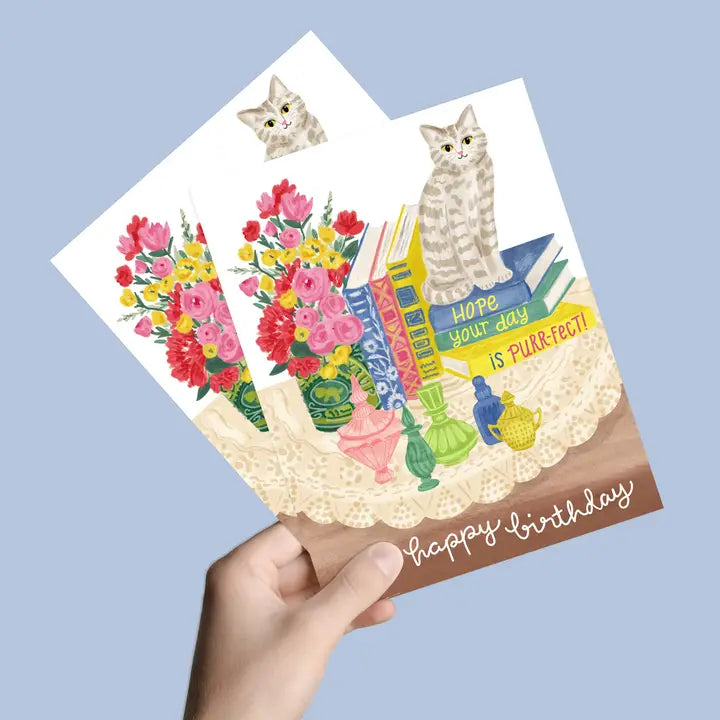 Cat with Vintage Books and Bottles Birthday Card