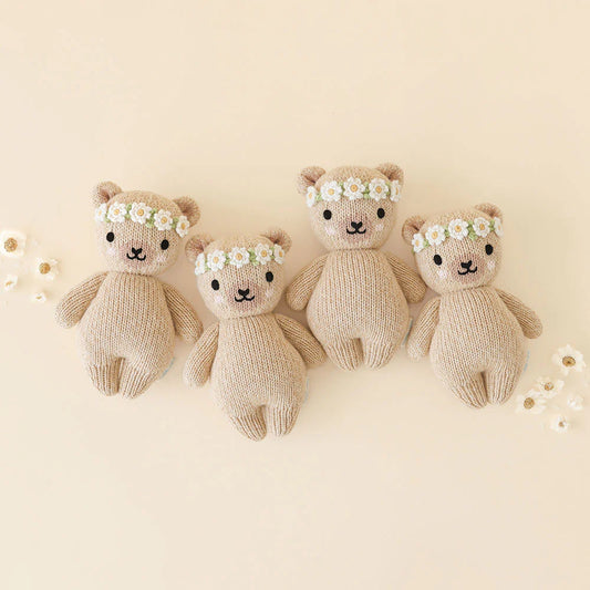 Baby Honey Bear Ivory Floral Hand-Knit Doll