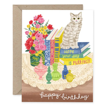 Cat with Vintage Books and Bottles Birthday Card