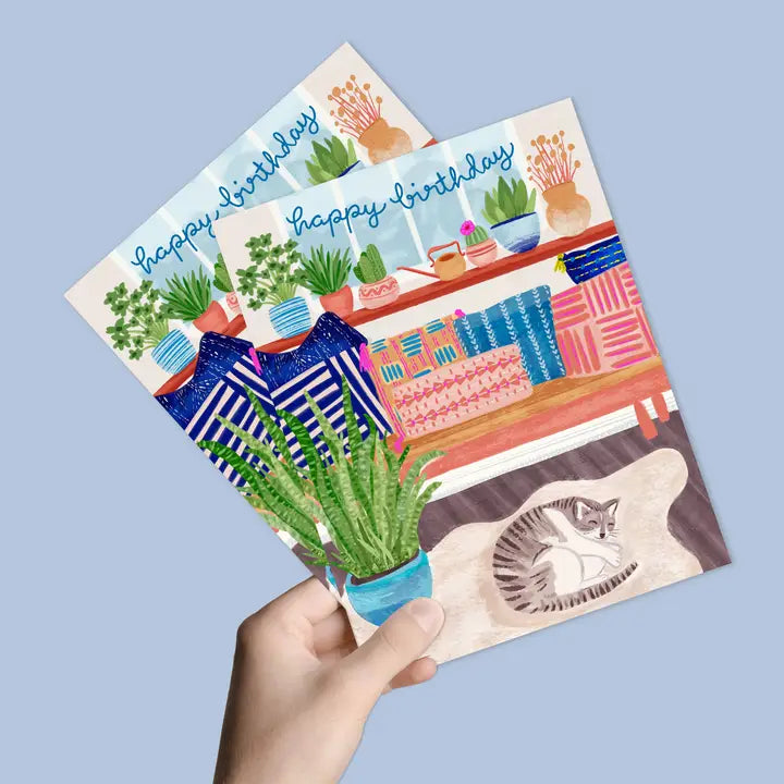 Sleeping Cat with Plants and Pillows Birthday Card