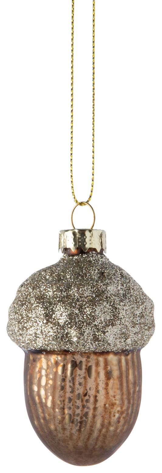 Glass Acorn Matte Brown With Glitter Top Ornament
