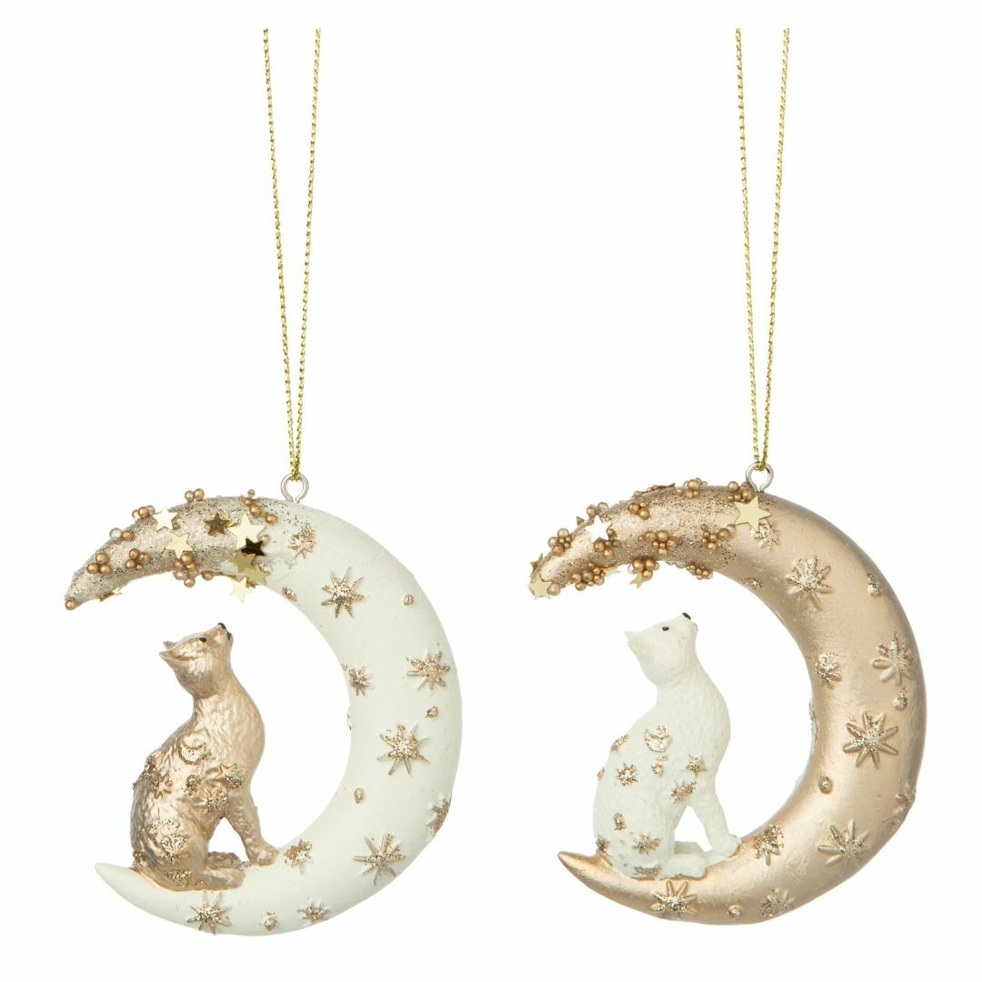 Painted Resin Cat In Crescent Moon Ornament