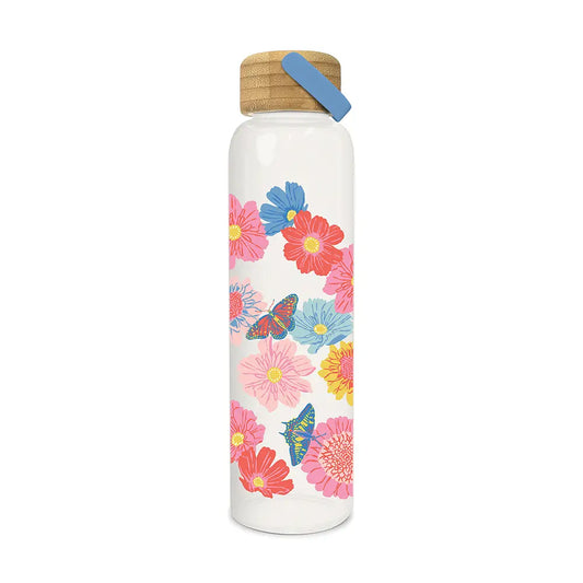 Butterfly Blossoms Glass Water Bottle with Bamboo