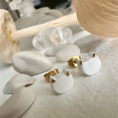 Mew Porcelain Cat Face Stud Earrings White