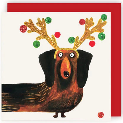 Wiener Dog Glitter Antlers Christmas Card