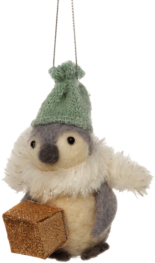 F34 - Felt Penguin Light Grey With Fur Ruff And Champagne Gold Ornament