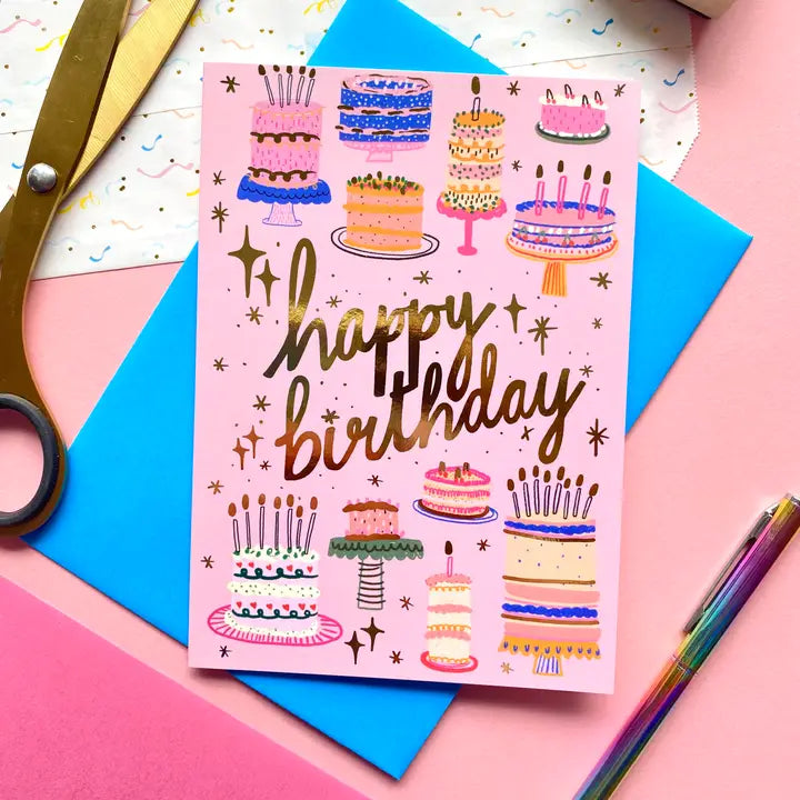 Happy Birthday Cake Pattern Gold Greetings Card