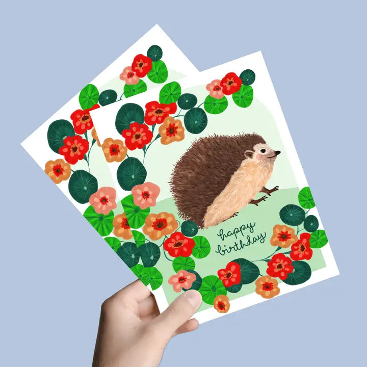 Hedgehog in Flowers Happy Birthday Card