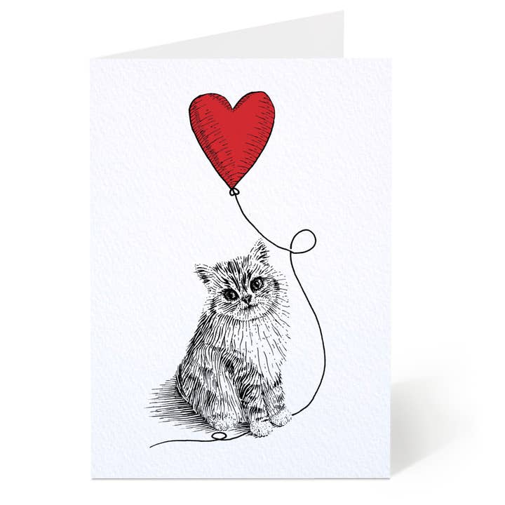 Cat With Heart Balloon Card