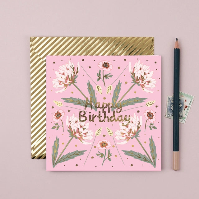 Gold Foiled Pink Dahlias Birthday Card