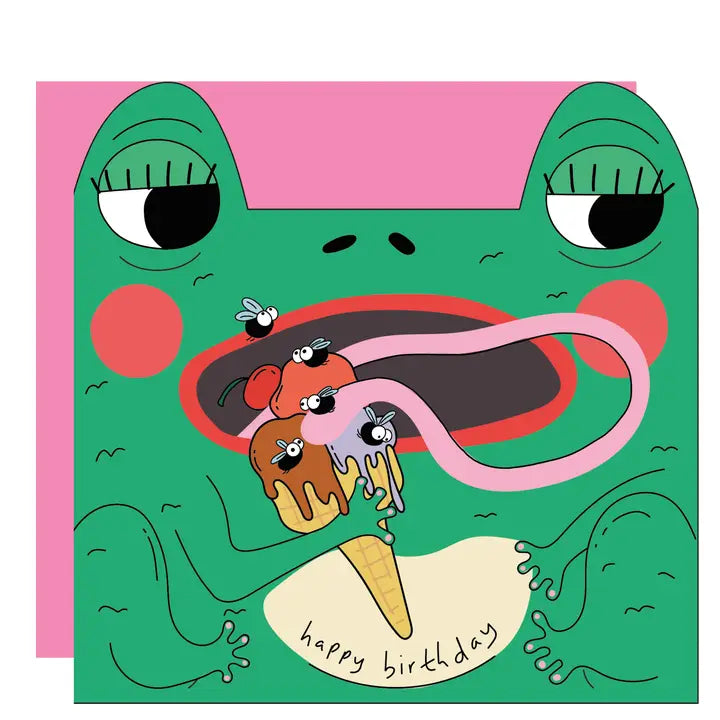 Frog Eats Fly Ice Cream Die Cut Greeting Card - Whimsical Card
