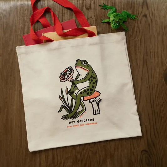 Hey Gorgeous Flat Tote | Two Tone Canvas Frog Tote Bag